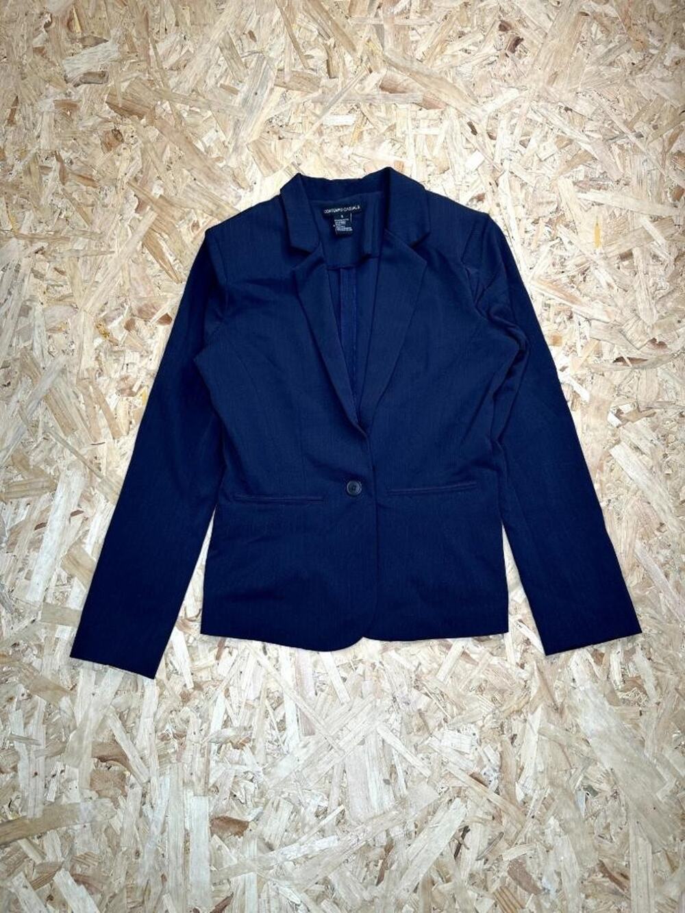 Contempo Casuals Womens Blazer Jacket Navy Blue Pinstripe Stretch Size S